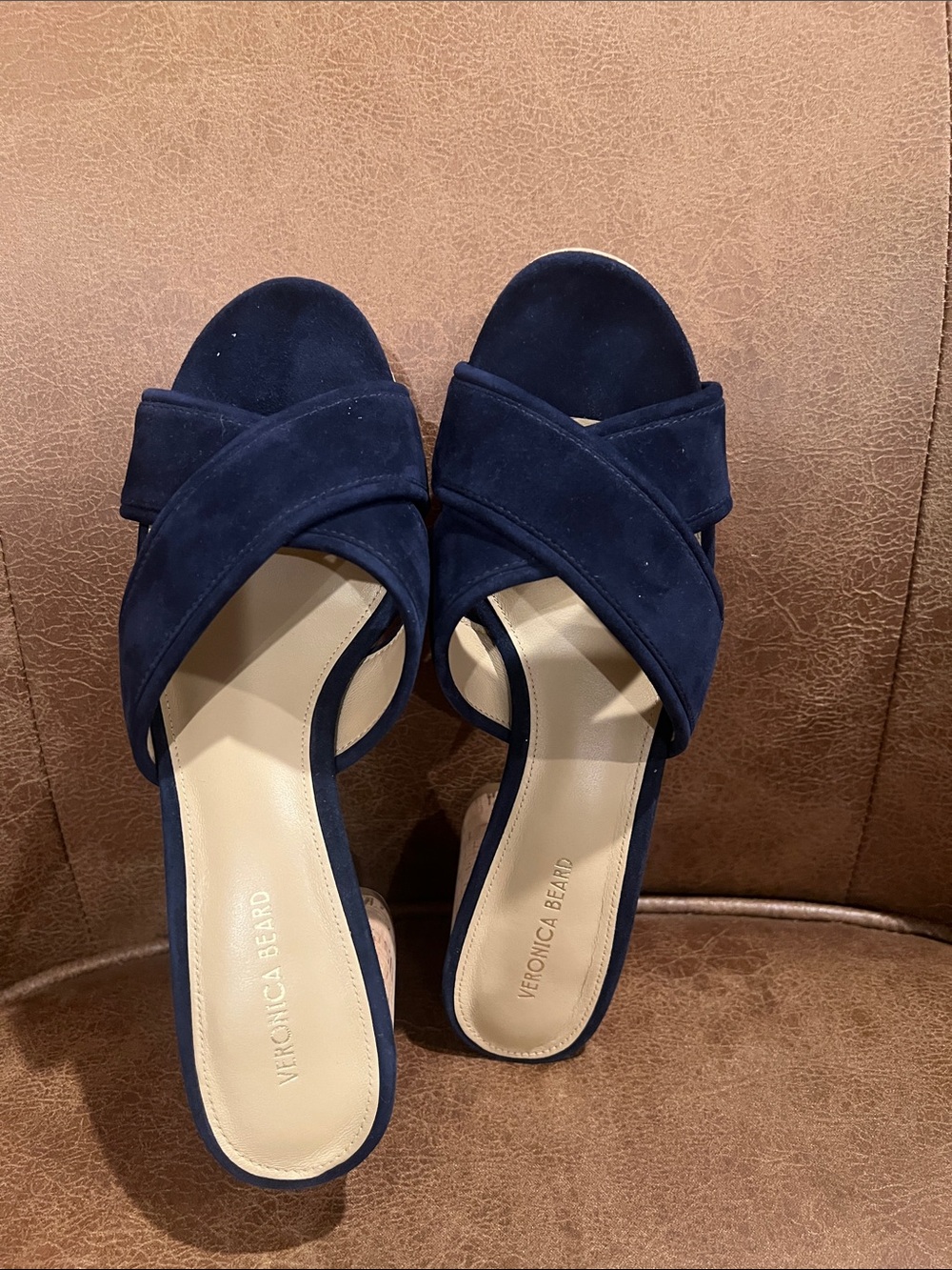 Veronica Beard Navy Suede Cork Block Heel Slides - Picture 9 of 9